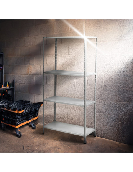 Estantería de metal blanca de 4 estantes, 145x75x30 cm, capacidad 160 kg.