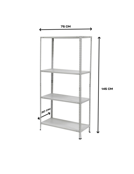 Estantería de metal blanca de 4 estantes, 145x75x30 cm, capacidad 160 kg.