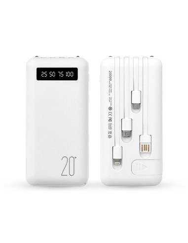 Power Bank 20000mAh con 4 cables USB integrados.