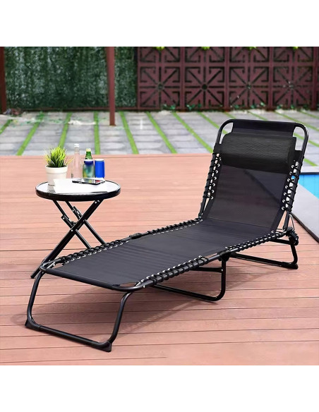 Tumbona de Textilene con Diseño Trenzado Plegable y Respaldo Reclinable.