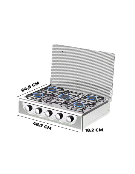 Hornillo de Gas Portátil de 5 Fuegos Acero Tapa Templada Casa y Camping