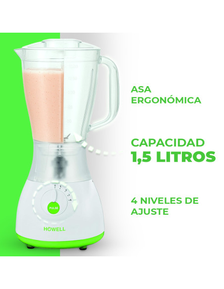 Licuadora HOWELL 350W, 1.5L, 4 Vel., Cuchillas Acero.